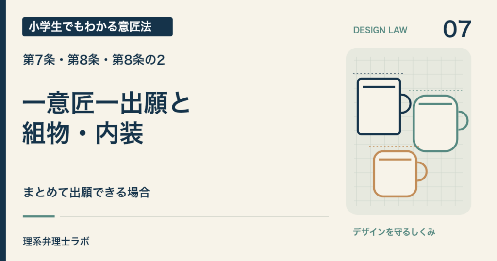 小学生でもわかる意匠法 7：一意匠一出願と・組物・内装（第7条・第8条・第8条の2）