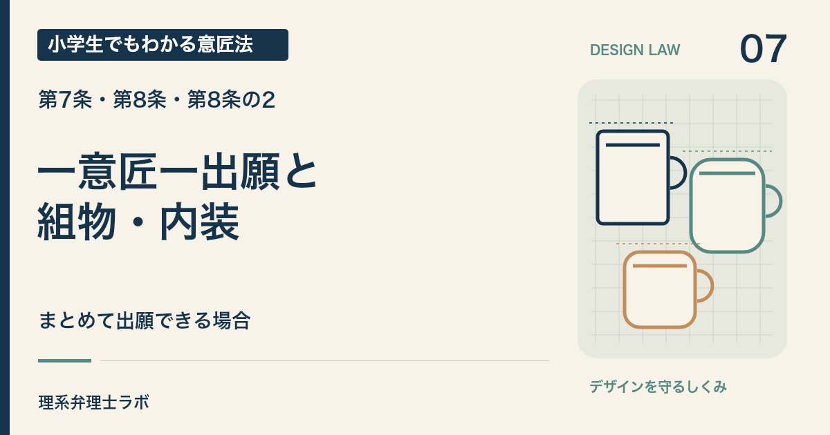 小学生でもわかる意匠法 7:一意匠一出願と・組物・内装(第7条・第8条・第8条の2)