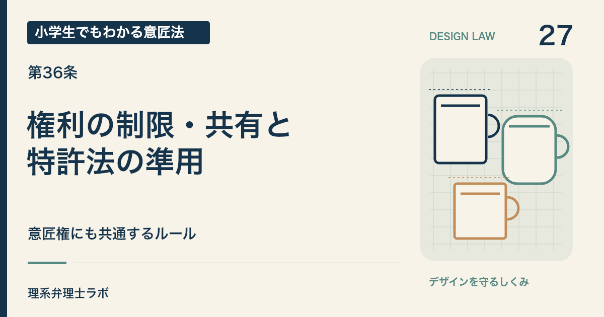 小学生でもわかる意匠法 27：権利の制限・共有と・特許法の準用（第36条）