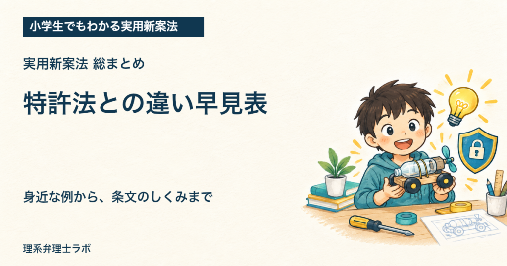 小学生でもわかる実用新案法：特許法との違い早見表（総まとめ）